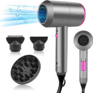 HappyGoo Secador de pelo iones, Secadores de pelo profesional iónico, con boquilla de cabeza de soplado, Hair Dryer nocturna negativos portátil de 3 temperaturas (frío y caliente) (Gris)