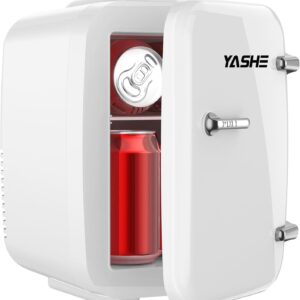 YASHE Mini Nevera, 4L Comética Pequeña Nevera para Dormitorio, CA 220V/ CC 12V para Coche, Enfriar y Calentar para Dormitorio, Portátil para Oficina, Escritorio (Blanco) [Clase de eficiencia energética A]