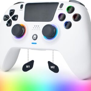 DoJoZone Mando Inalámbrico Compatible con PS4/Pro/Slim, Gamepad Bluetooth con Luz RGB, Trigger de Efecto Hall, Doble Vibración, Detección 6 Ejes, Botones Programables, Blanco
