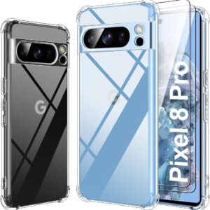 Ruayia 3 en 1 - Carcasa para Google Pixel 8 Pro con [2 x Protector de pantalla], transparente [Anti-Amarillo] Casa, antigolpes, silicona Bumper TPU Carcasa flexible, color amarillento funda de 6,7