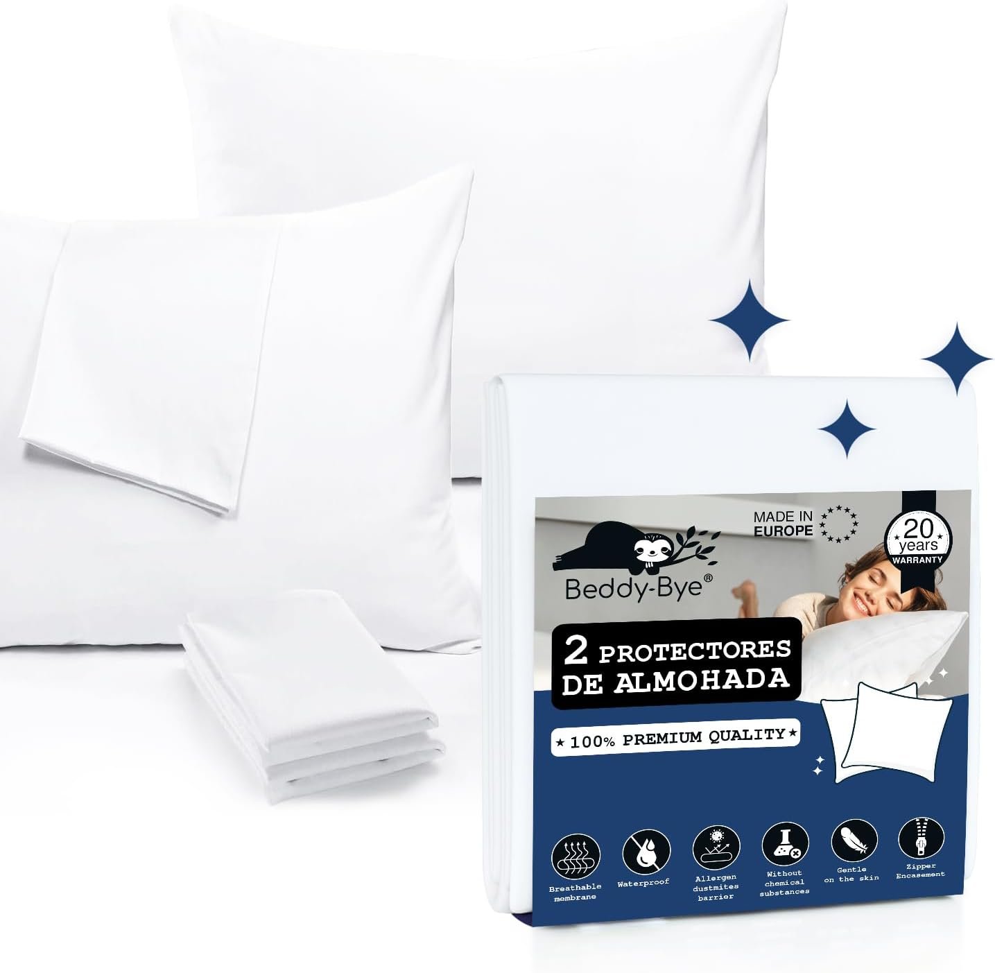 Funda Protectora de Almohada 80x80 cm (Pack 2) Funda Protectora de Almohada 80x80 cm (Pack 2) Impermeable con Cierre de Cremallera Beddy-Bye® - Transpirable e Hipoalergénica con Certificado Oeko-Tex
