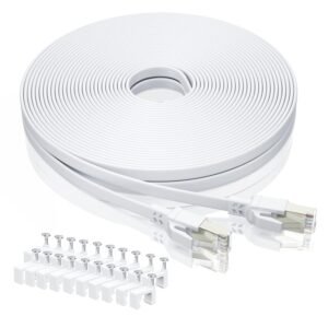 BAHIWOM Cable Ethernet Cat8 de 15m, 40Gbps/2000MHz Cat 8 Cable de Red Plano RJ45 LAN Internet de Alta Velocidad, Compatible con Router, con Laptop, con TV - Blanco