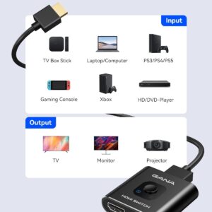 HDMI Splitter 4K 60Hz GANA HDMI Switch 2 in 1 Out HDMI Switcher 1 in 2 Out with 1m Kabel mit 1m Kabel Aluminiumgehäuse HDCP2.2 UHD 3D für PS5/4, Xbox, Blu-Ray DVD, Fire TV Stick, Chromecast, Monitores