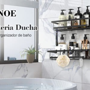 UZHNOE Estanteria Ducha, Estanteria Baño 2 Piezas Estanteria Baño sin Taladro con 12 Ganchos y Jabonera Porta Soporte para Pasta Dientes, Estante Ducha Acero Inox para Cocina y Baño, Negro
