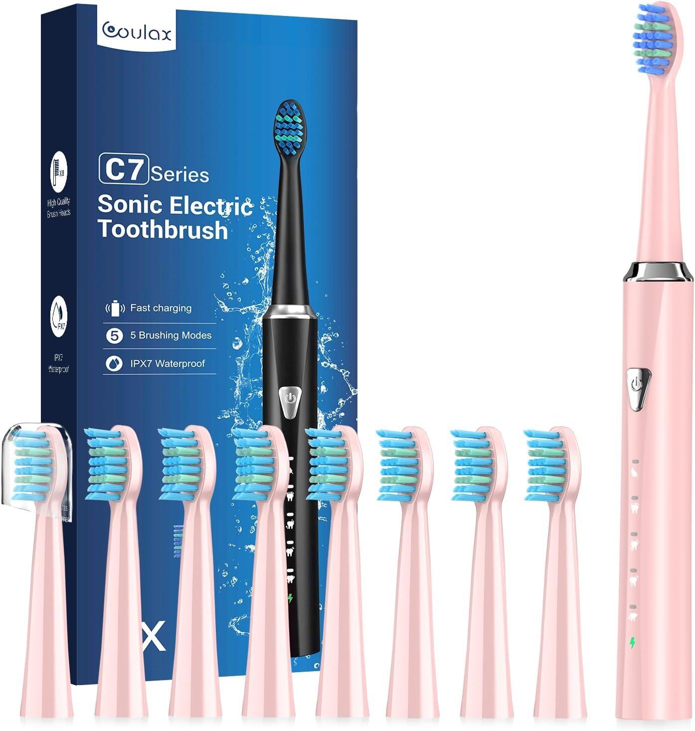 Cepillo eléctrico ultrasónico con 8 cabezales Cepillos de Dientes Electricos Sónico Adultos para Encías Sensibles - Cepillo Electrico Sónico con 8 Cabezales, 5 Modos, IPX7, Una Carga por 120 Días de Uso, Cepillo de Dientes Rosa Perla