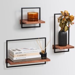 LUA TREND Juego de 3 estanterías de roble para paredes, decoración de pared de metal y chapa de madera auténtica, estilo japonés, decoración de pared para salón, cocina, decoración de pared