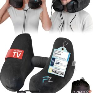 FLOWZOOM Almohada de Viaje Hinchable - Cojín de Cuello con Capucha de Felpa para Máxima Privacidad y Confort Avión, Tren y Coche - Talla L - Negro