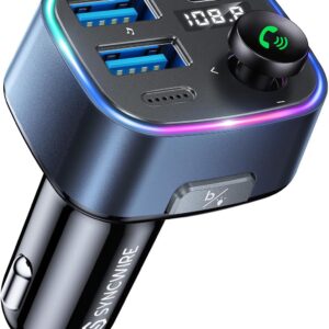 SYNCWIRE Transmisor FM Bluetooth 5.3 para Coche, 48W(PD 36W & 12W) USB Cargador Adaptador de Coche Receptor de Radio Inalámbrico, Pantalla LED, Llamadas Manos Libres, Soporte Unidad USB de 64GB, Azul
