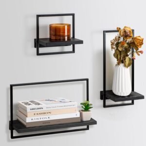 LUA TREND Juego de 3 estantes de roble para paredes, decoración de pared de metal y chapa de madera auténtica, estilo japonés, decoración de pared para salón, cocina, decoración de pared, dormitorio