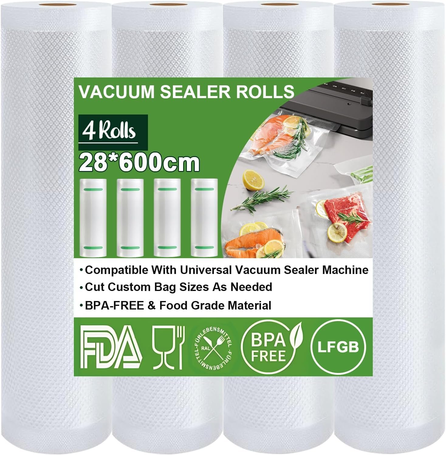 3 Rollos al Vacio para Envasadora al Vacío Omtofo Bolsas de envasado al vacío, 4 rollos, 28 x 600cm/rollo, bolsas de vacío para alimentos, sin BPA, 150 µm, rollo de lámina de vacío para todas las envasadoras al vacío, microondas y sous