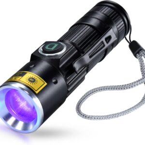DARKDAWN UV 395nm Luz Linterna USB Recargable, Ultravioleta LED Luz Negra Mini Lampe de Wood con Clip y Zoom, 400nm Detector de Orina, Fluorescente, Mascotas, Escorpiones, Vidrio de Uranio, Resina [Clase de eficiencia energética A]
