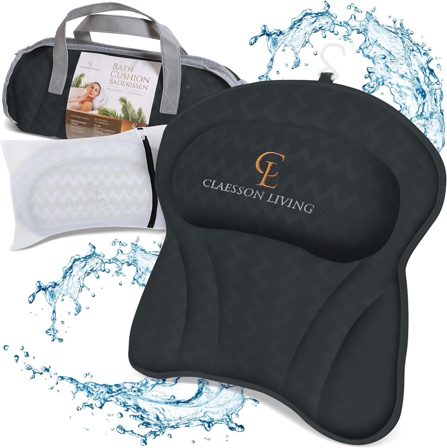 Cojín de Baño con Reposacabezas (41x41cm) Cojín de Baño Claesson Living (41x41cm) - Cojín de Baño con Reposacabezas - Almohada de Baño para Adultos con 6 potentes ventosas para su fijación - Bolsas de Lavado y de Viaje Incluidas