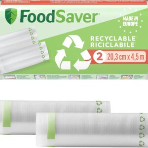FoodSaver rollos de envasado al vacío | Reciclables y reutilizables | Mantiene los alimentos frescos hasta 5 veces más tiempo | Sin BPA | 2 rollos para congelar y cocer a fuego lento (20 cm נ4,5 cm)