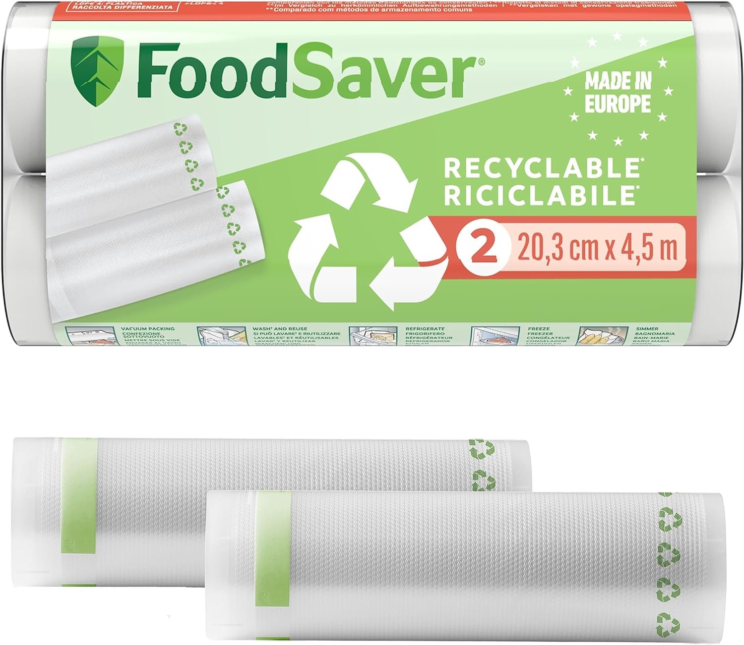 FoodSaver | 2 Rollos o Bolsas de envasado al vacío FoodSaver rollos de envasado al vacío | Reciclables y reutilizables | Mantiene los alimentos frescos hasta 5 veces más tiempo | Sin BPA | 2 rollos para congelar y cocer a fuego lento (20 cm נ4,5 cm)