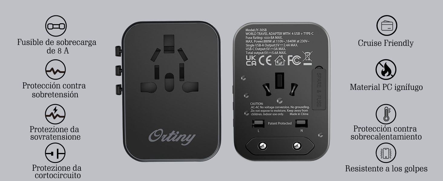 Adaptador Enchufe Universal para viajes 4USB-1USBC Adaptador Enchufe Universal, Ortiny Adaptador de Viaje con 4 USB y 1 USB C(5V/5.6A MAX)