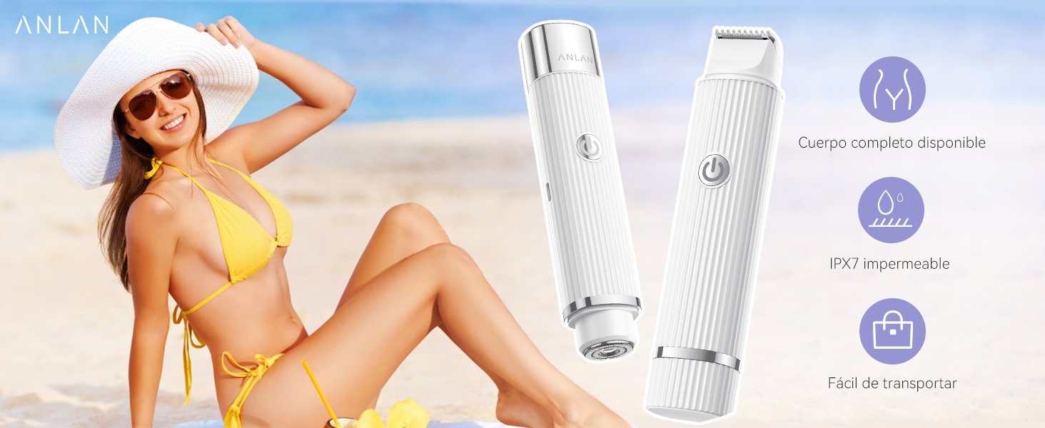 Afeitadora Mujer, Depiladora Facial y Bikini ANLAN Afeitadora Mujer, Depiladora Facial Mujer, Bikini Rasuradora Mujer, IPX7, Uso en Seco, Sin Dolor