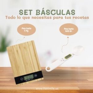 Pack de 2 Básculas Digitales de Cocina - Elegante Báscula de Bambú (5 kg) + Cuchara Báscula para Precisión en tus Medidas (500g)