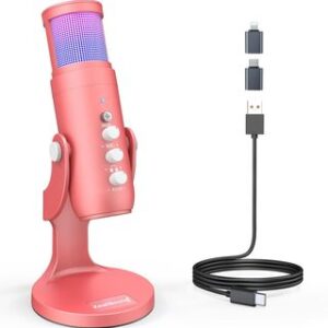 ZealSound Micrófono Gaming RGB, micrófono Condensador, USB micrófono para *Phone/teléfono/PC/para PS 4&5, Mute, cancelación de Ruido, Eco, Ganancia, grabación, Streaming, podcasting, Youtuber, Rosa