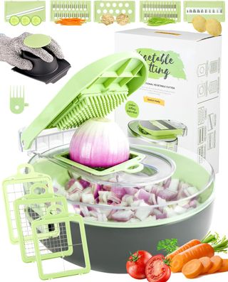 Cortador de Verdura Picadora Manual Mandolina Mandolina de Cocina Profesional Cortador de Verdura - Mandolina Verduras Manual con 6 Cuchillas y Guantes de Seguridad, Picador Verduras, Rallador Verduras para Patata, Pepinos, Tomates