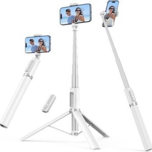 SYNCWIRE Palo Selfie 140cm, Selfie Stick con Ángulo Ajustable y Control Remoto Bluetooth Recargable, Trípode Extensible de Aluminio, Compatible con Teléfonos iPhone y Android (Blanco)