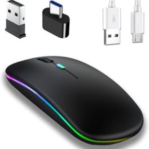 Jinpojun Raton ​Inalambrico Recargable con Bluetooth 5.1 y USB 2,4 GHz, Raton Gaming Retroiluminado de 7 Colores para Laptop, PC, Ordenador, Chromebook, Notebook, 3 dpi, Ultra Delgado