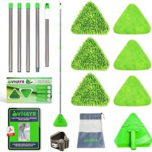 VHAYR Mopa para Limpiar Azulejos y Paredes + Rasqueta Limpia Cristales - Trapeador Giratorio 360 Mango Ajustable hasta 2,08 Metros para Limpiar techos zócalos Paredes y Azulejos (MOPA+RASQUETA)