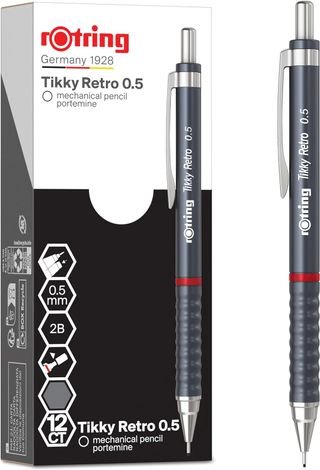 Portaminas retro Rotring | 2B de 0,5 mm 12 Und. Portaminas retro Tikky de rOtring | 2B de 0,5 mm | Cuerpo gris | Cómodo agarre ondulado | 12 unidades