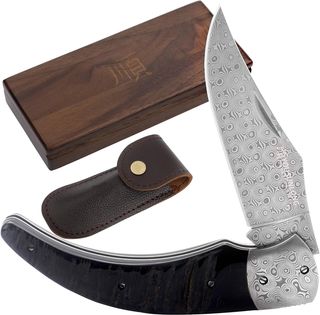 Navaja de bolsillo plegable Acero de Damasco 205 mm YOUSUNLONG Navaja de bolsillo plegable de acero de Damasco total 205 mm Mango de cuerno de búfalo negro natural con funda de cuero y caja de madera para cuchillos