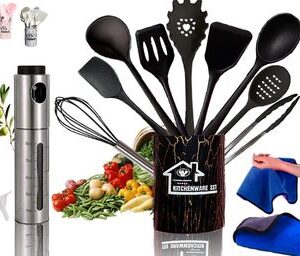 Utensilios de Cocina - Utensilios de Cocina de Silicona + Pulverizador Aceite Spray + Trapos Cocina | Accesorios Cocina | Espatulas Silicona Cocina | Pinzas Cocina | Bote Almacenaje Cocina (Negro)