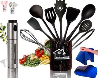 Utensilios de Cocina Silicona+Pulverizador Aceite Utensilios de Cocina - Utensilios de Cocina de Silicona + Pulverizador Aceite Spray + Trapos Cocina | Accesorios Cocina | Espatulas Silicona Cocina | Pinzas Cocina | Bote Almacenaje Cocina (Negro)