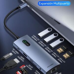 Rocoren Hub USB C 11 en 1 Adaptador con 4K@30Hz, PD100W, 5 USB-A, 5Gbps, Gigabit Ethernet RJ45, Lector de Tarjetas SD/TF, Docking Station para Portátil Compatible con MacBook Pro/Air, iPhone