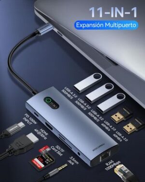 Rocoren Hub USB C 11 en 1 Adaptador con 4K@30Hz, PD100W, 5 USB-A, 5Gbps, Gigabit Ethernet RJ45, Lector de Tarjetas SD/TF, Docking Station para Portátil Compatible con MacBook Pro/Air, iPhone