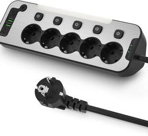 Regletas Enchufes Proteccion Sobretension, Enchufe Multiple de Mesa, Ladron Enchufes con Interruptor,Metal Regleta con Luz LED-Nocturna,Regletas para Cocina y Oficina,Enchufe Esquina 2M Cable,Negro