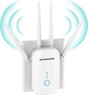 WONLINK Amplificador Señal WiFi, Repetidor WiFi Doble Banda 5G y 2.4GHz, Extensor de WiFi con Puerto Ethernet, Amplificador WiFi Potente con 4 Antenas, 1200Mbps WiFi Booster con WPS, Enchufe-EU