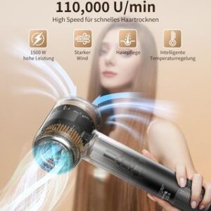 Secador de pelo de iones, secador de pelo profesional de 1500W, secador de pelo con motor sin escobillas de 110.000 rpm, secador de pelo de salón con 200 millones de iones negativos (Negro)