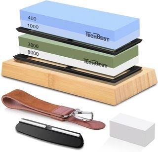 Piedra de Afilar Profesional Cuchillos 400/1000 TechBest Piedra de Afilar - Profesional Piedra Afilar Cuchillos 400/1000 3000/8000 Grit Con Base Antideslizante de Bambú, Guía de ángulo y piedra de aplanamiento