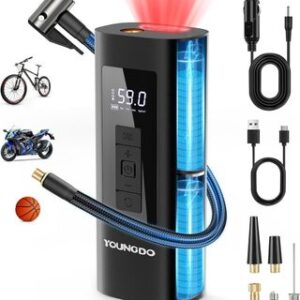 YOUNGDO Compresor Aire Portatil, 150PSI Inflador Electrico Bicicleta. 6000mAh inflador Bicicletas, con luz LED y Power Bank, para Moto, Bicicleta, Pelota, Anillo de Natación