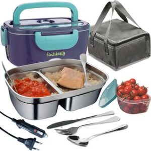 Ecoliberty Fiambrera Electrica Comida Trabajo 80w, 3 en 1, 12/24/220V Taper Electrico Para Comida Camion Coches/Oficinas/Talleres/Artesanos 1,5L