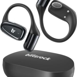 BlitzRock Auriculares Oreja Abierta, Mini Auriculares Deportes Inalambricos Bluetooth 5.4 con MicróFono, Gancho de Oreja Ultra Fino, Bass 3.0, Cancelación de Ruido ENC, IPX7, 28 Horas de Juego, Negro